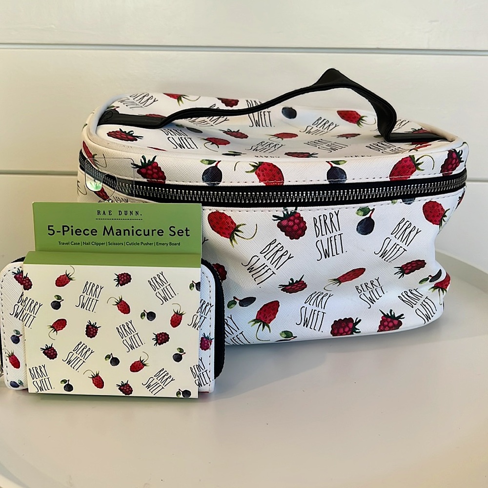 NWT RAE DUNN BERRY SWEET COSMETIC BAG AND MATCHING 5 piece MANICURE SET